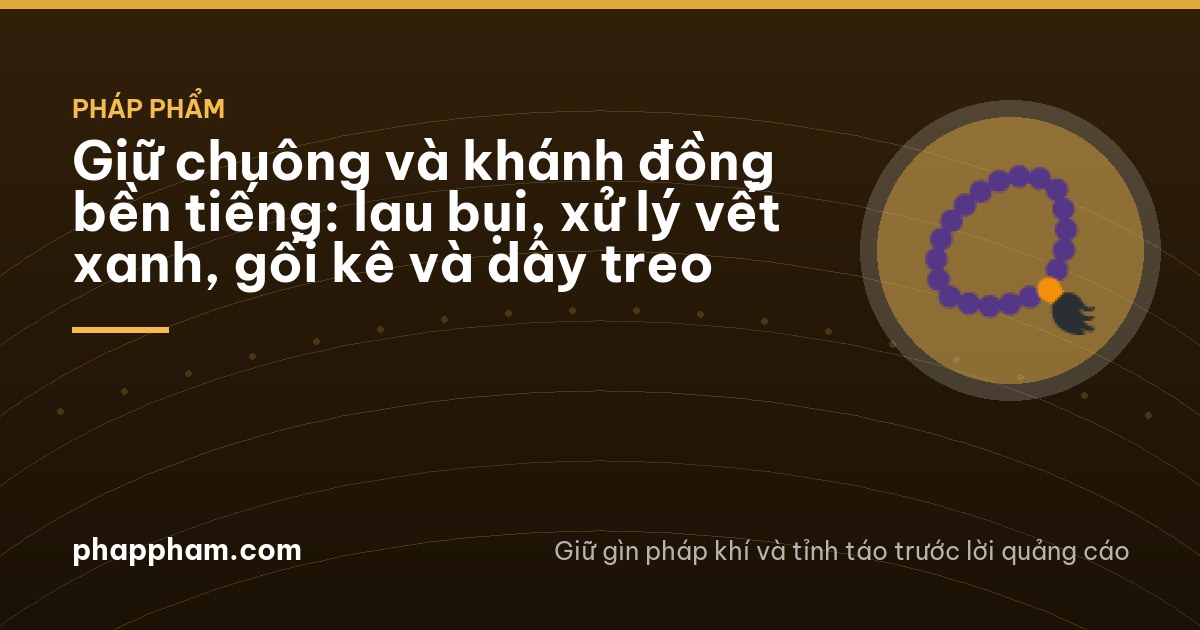 Close view of gloved hands brushing dust from the rim of a dark bronze bowl bell with a soft goat hair brush on a folded cotton cloth, quiet Hue pagoda veranda, morning shade