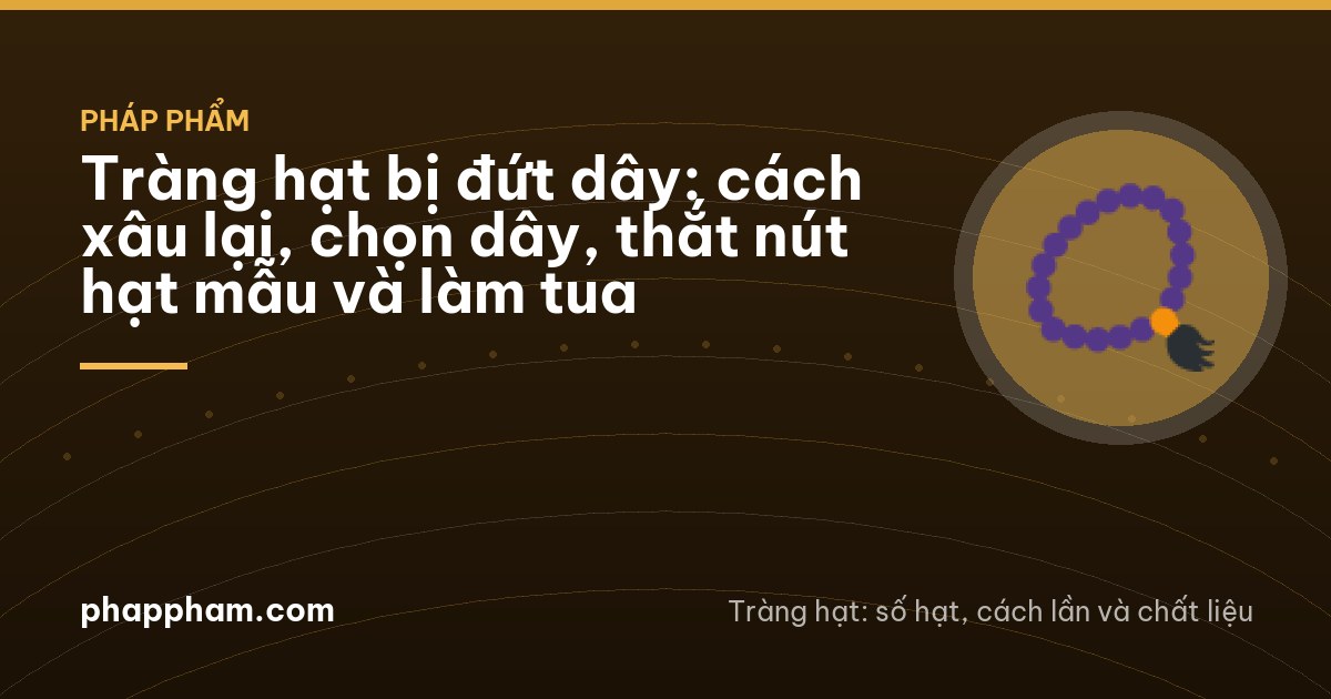 Overhead view of hands threading small wooden beads onto a brown cord on a white ceramic plate, scissors and a spool of thread beside it, kitchen table in Cần Thơ